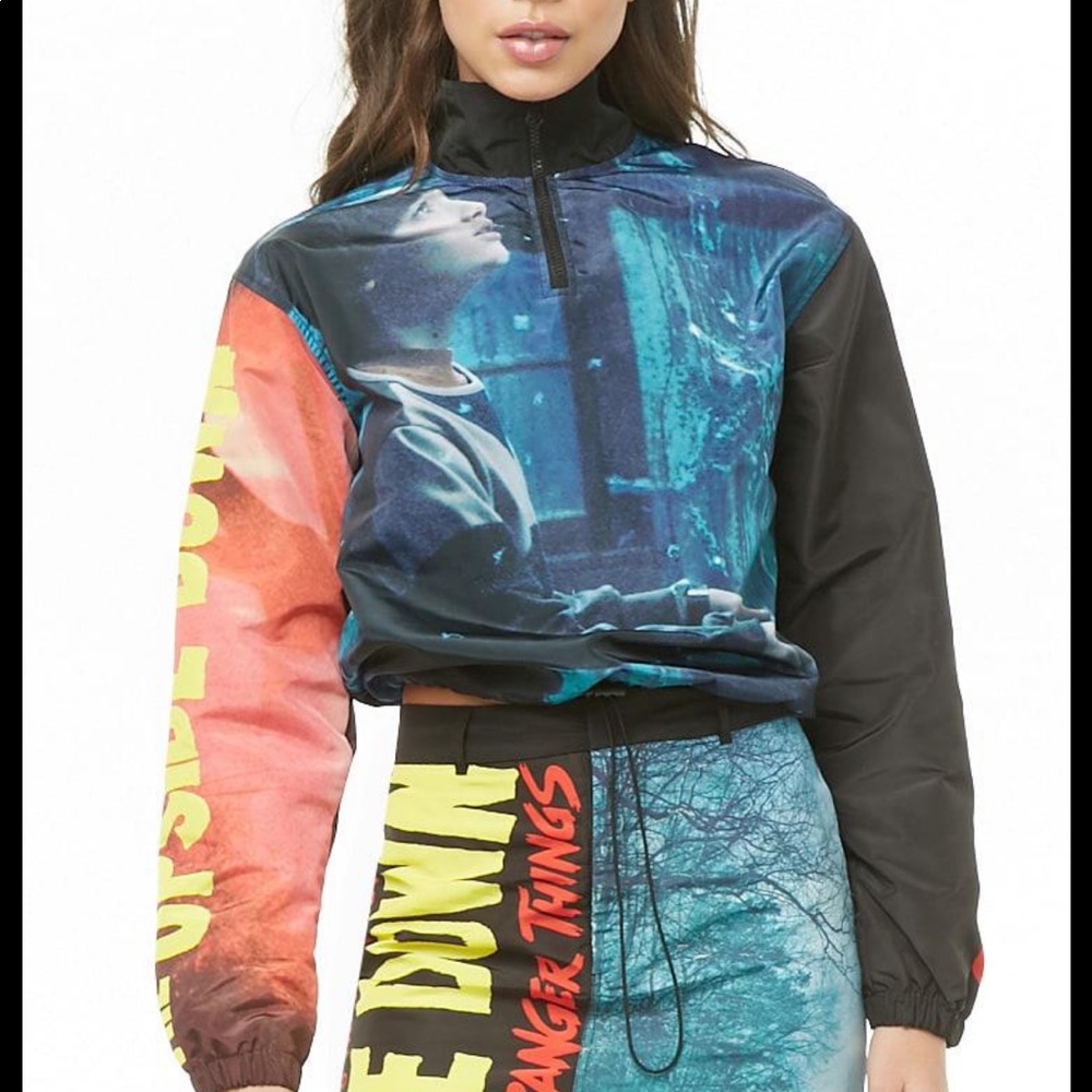 Forever 21 Multicolor Graphic Windbreaker Jacket - Blue, Teal, Orange, Black